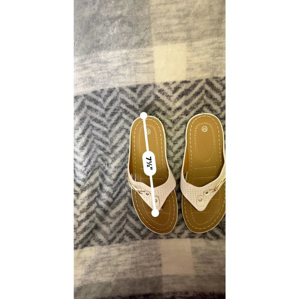 Embellished White Flip Flops, Size 37/6.5, New, Faux Leather